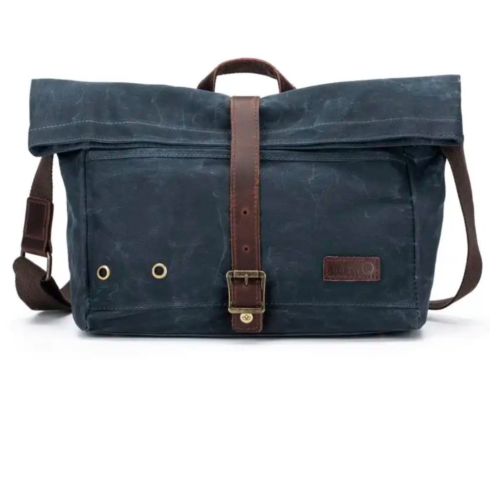 Della Q “Maker’s” Navy Blue Waxed Canvas & Leather Roll Top Messenger Tote Bag